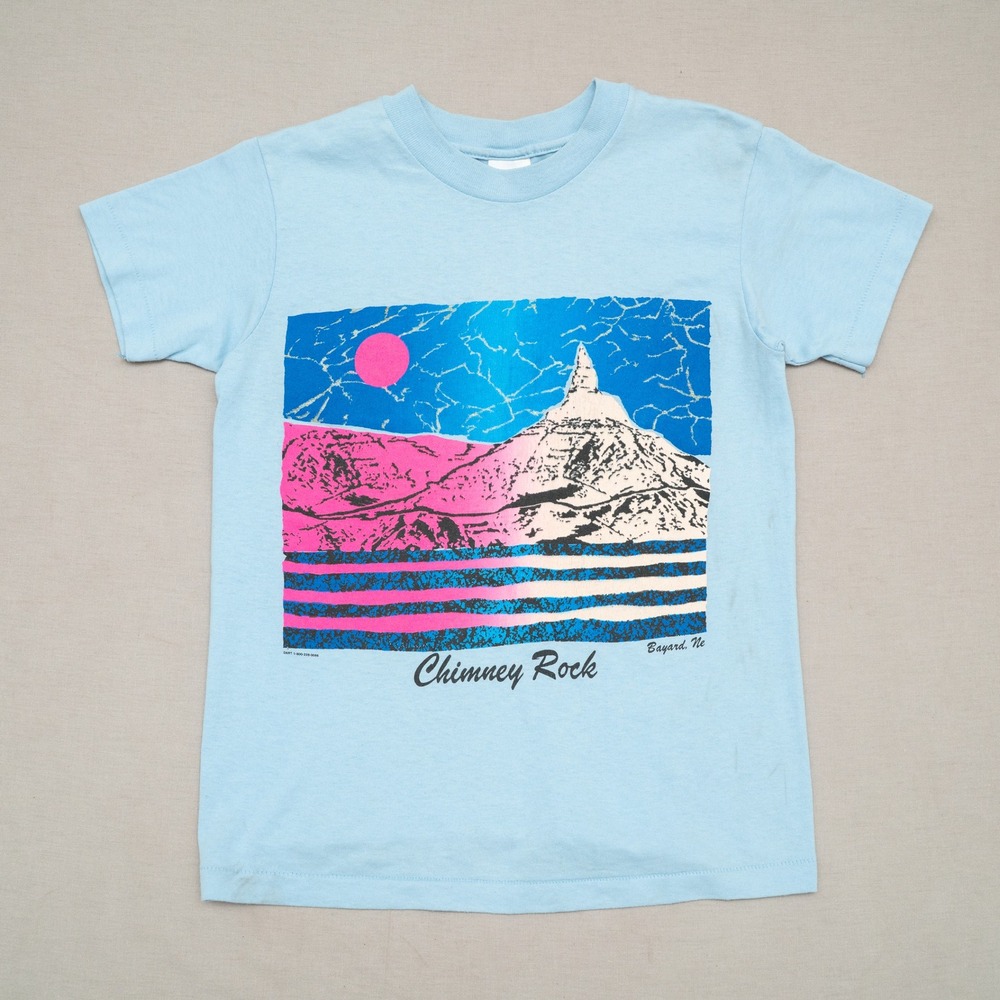 Vintage 80s Chimney Rock Bayard Ne Glitter Print Blue T Shirt Youth